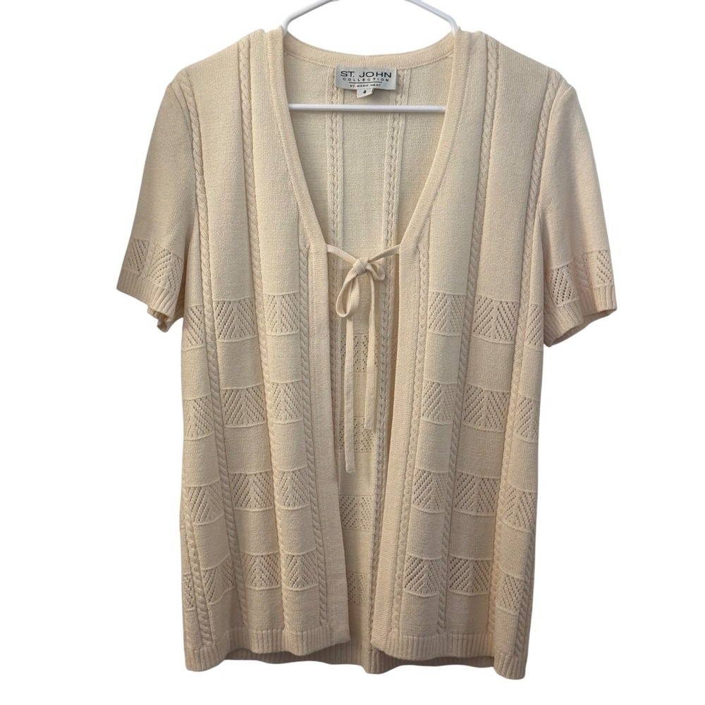 St. John Collection Marie Gray Cream Knit Tie Front Short Sleeve Cardigan Size 4